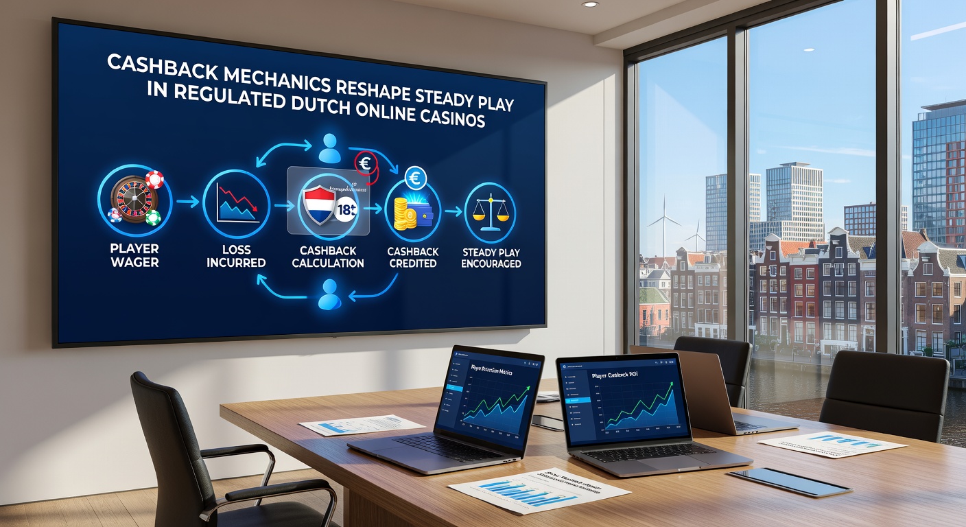 Spelersinterface met cashback-bonussen en steady play-statistieken in een Nederlands online casino, met grafieken van retentie en sessieduur