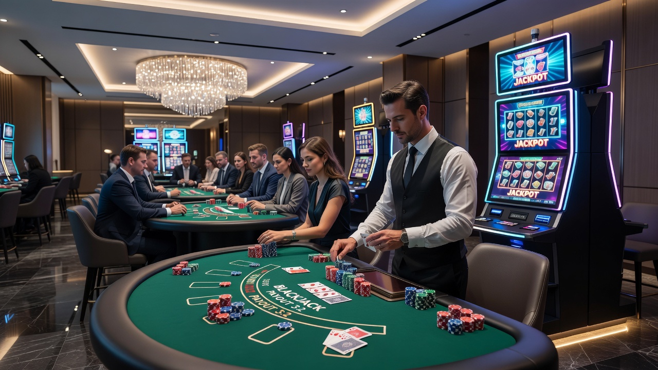 Digitale weergave van online casinospellen met live dealer elementen en slotinterfaces