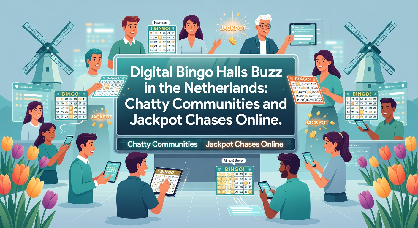 Schermafbeelding van een bruisende online bingohal met chatvensters vol berichten en knipperende jackpots