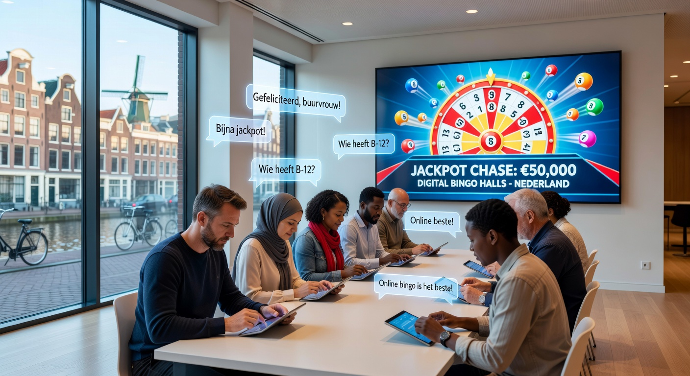Close-up van een mobiel scherm met bingo-chat vol enthousiaste berichten en een groeiende jackpotmeter