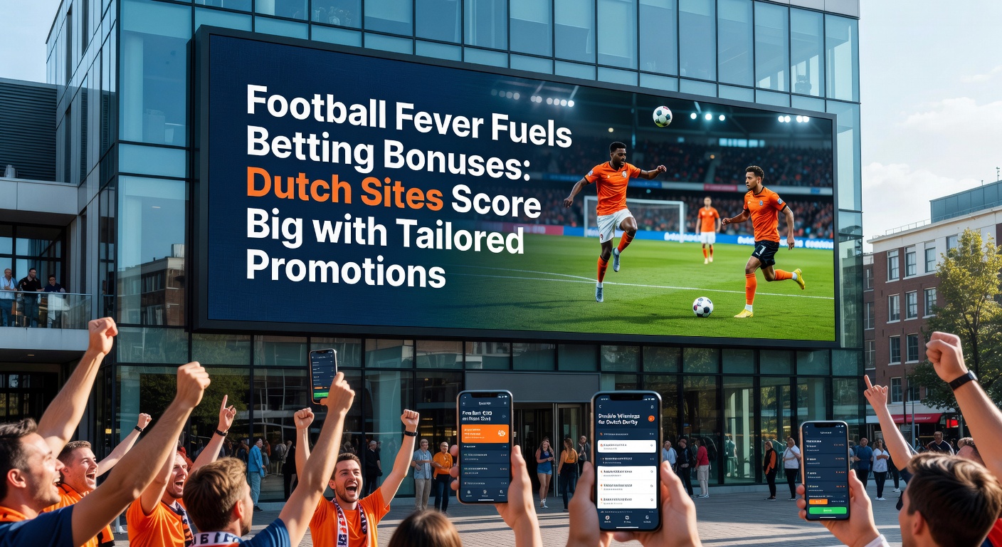 Voetbalfans juichen bij een goal, met overlay van betting bonussen op Nederlandse sites