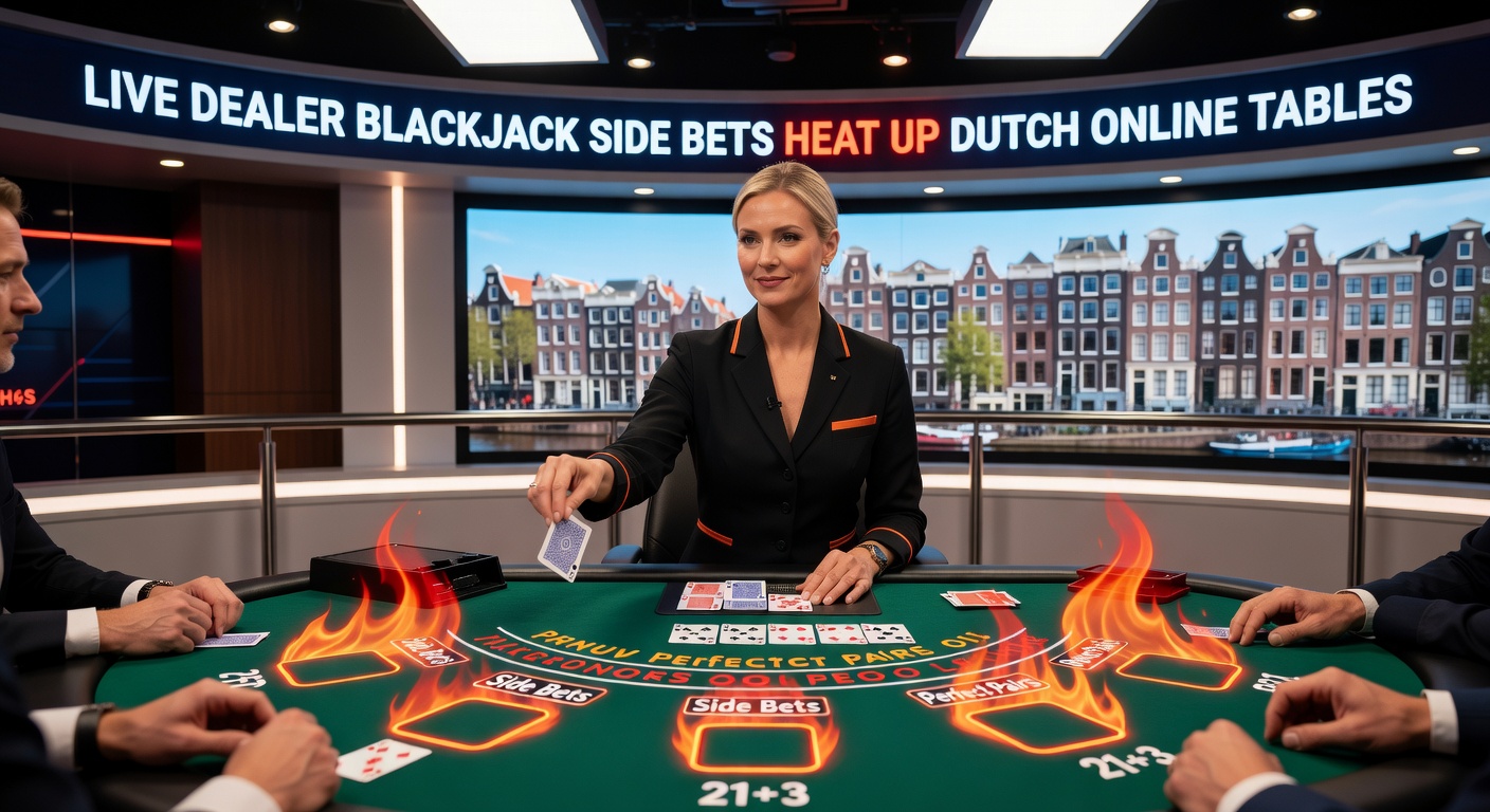 Live dealer blackjack tafel met side bets opties zichtbaar op scherm, spelers engaged aan Nederlandse online casino