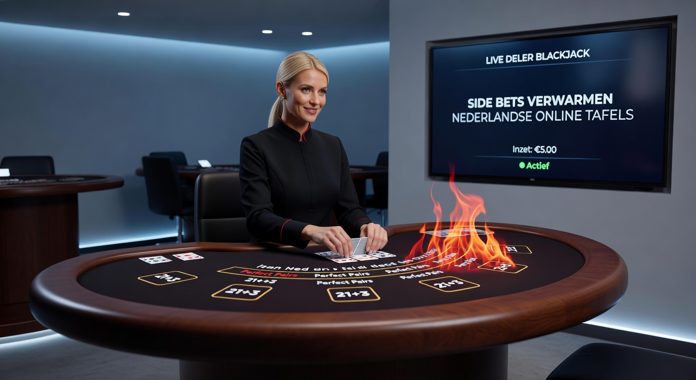 Speler wint grote side bet uitbetaling aan live blackjack tafel, euforie op gezicht met chips stapelend