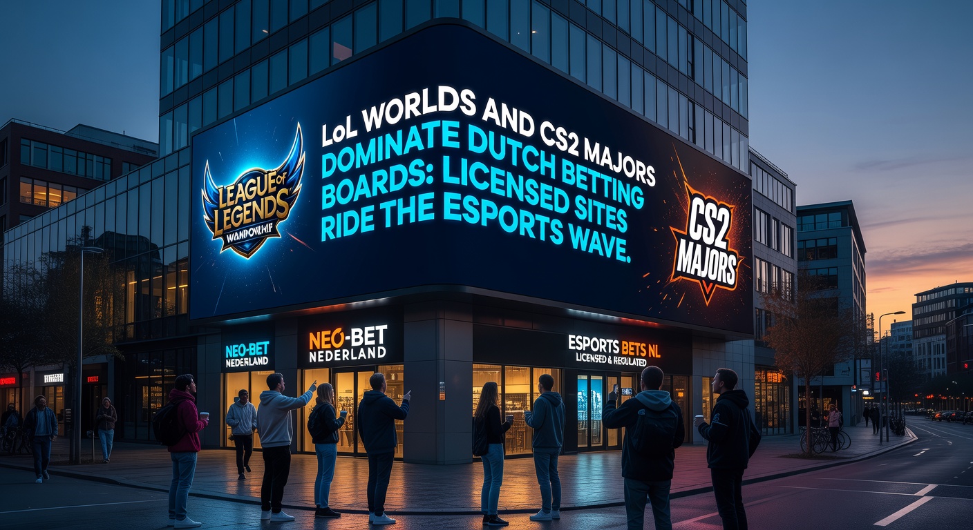 Drukke bettingborden met LoL Worlds en CS2 Majors op Nederlandse gelicenseerde sites, fans juichen tijdens een live-event