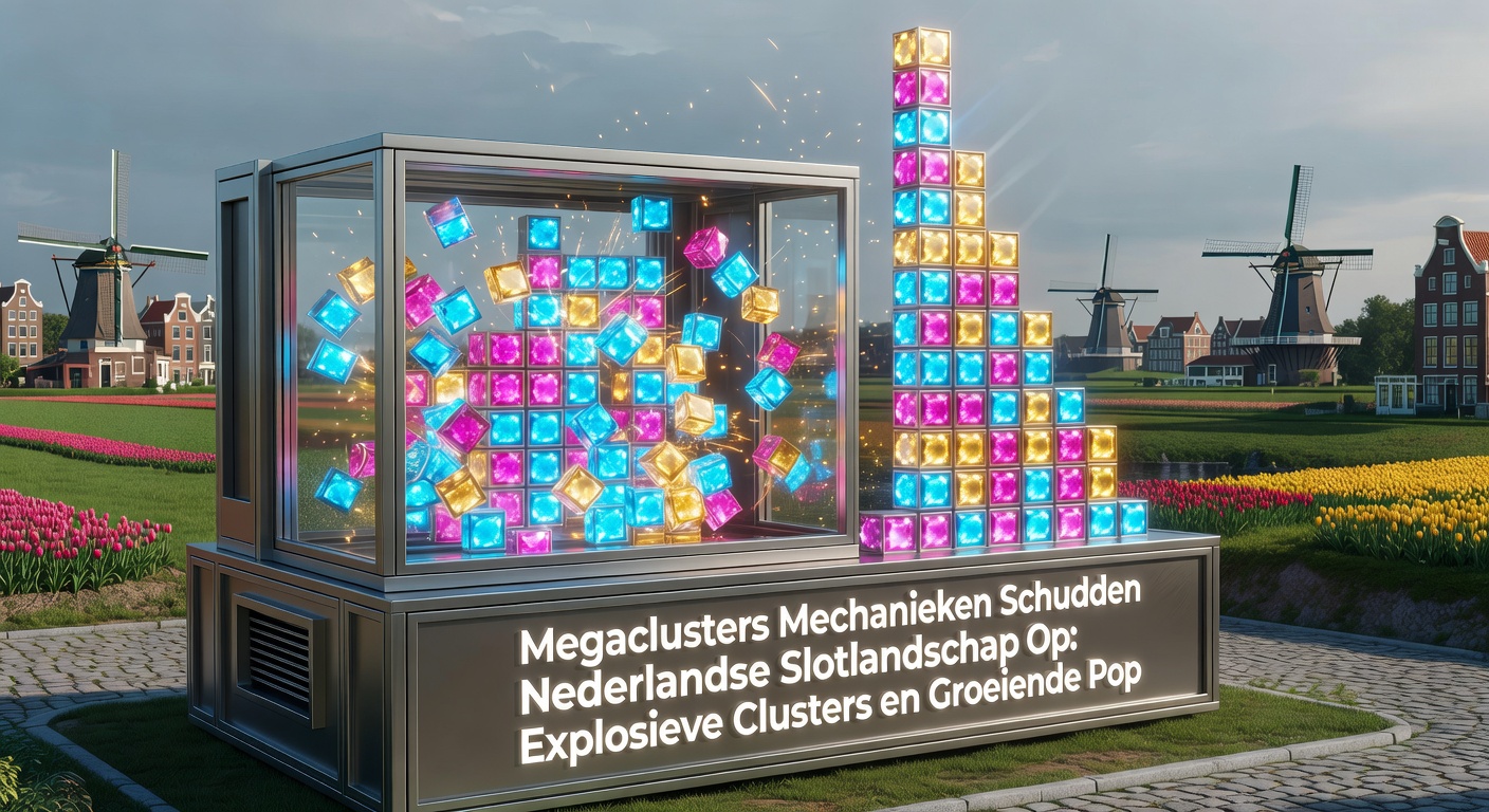 Dynamische Megaclusters in actie op een mobiel scherm, met exploderende symbolen en stapelende multipliers in een Nederlands casino-omgeving