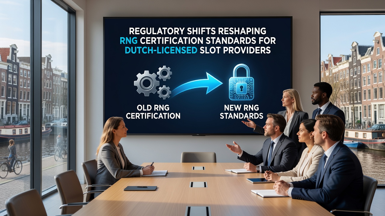 Diagram van RNG-testprocedures en certificeringsworkflow voor slotgames