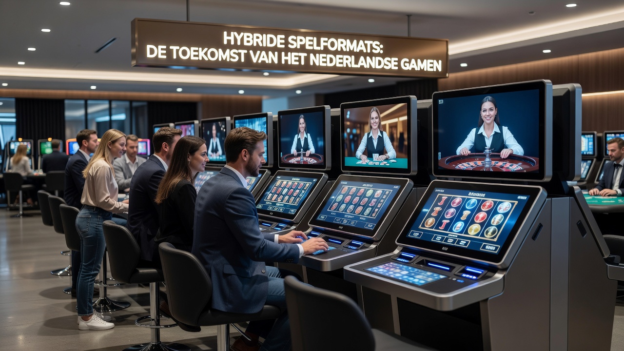 Illustratie van hybride slot- en live gaming interfaces die Nederlandse spelers aantrekken