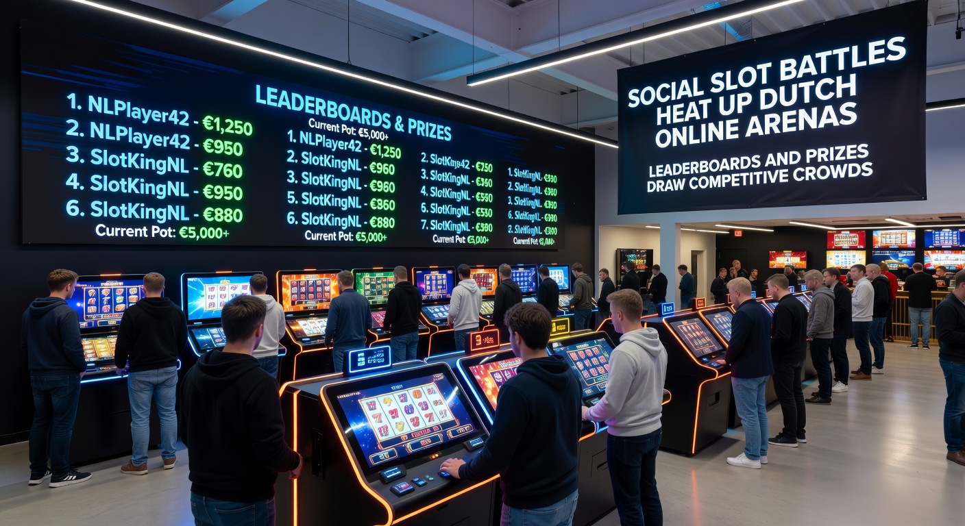 Duidelijke weergave van een prijzenpot in een social slot battle, met geldprijzen, free spins en bonussen voor top scorers op een Nederlands online casino leaderboard