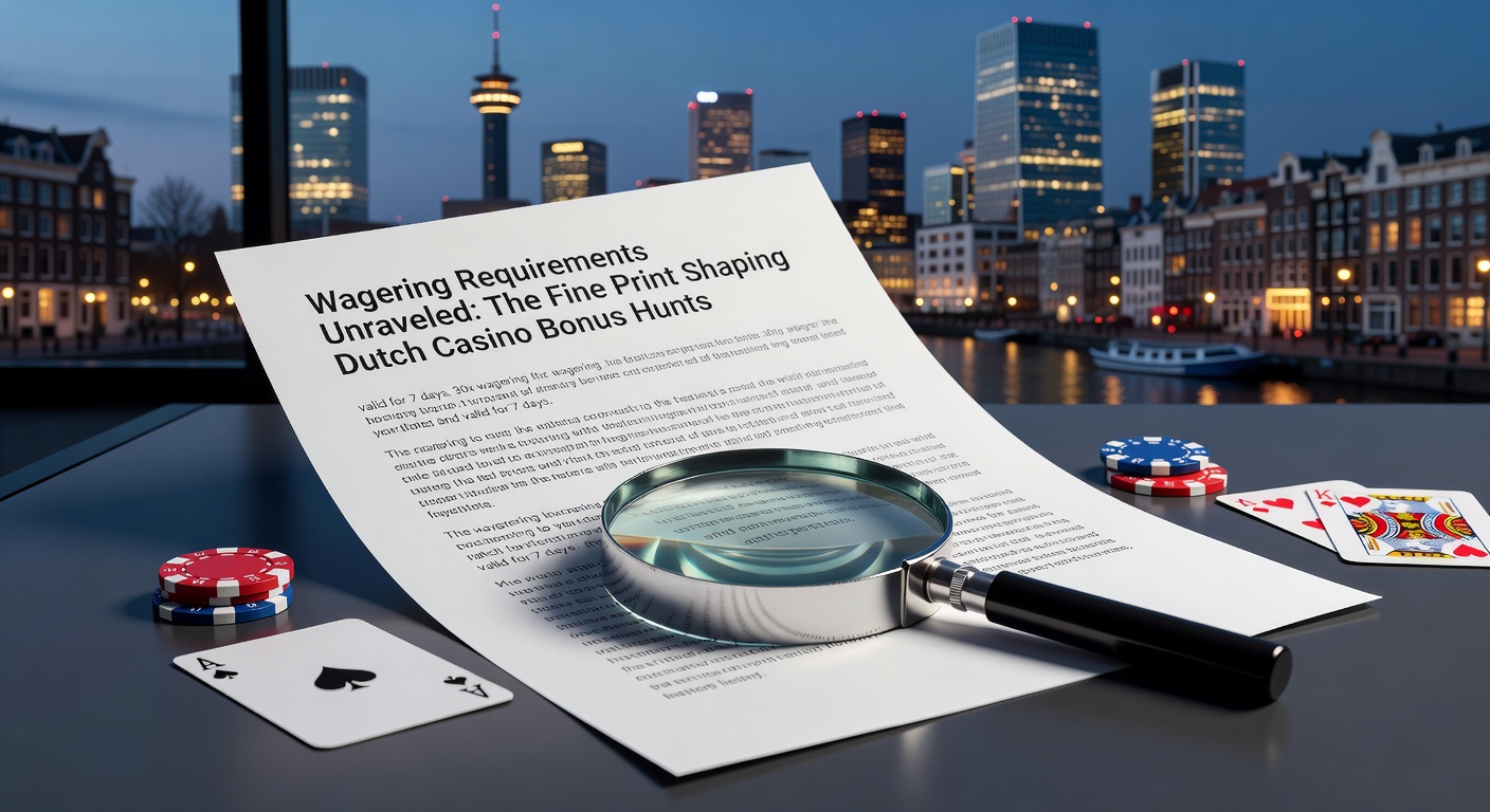 Close-up van een casino bonuscontract met markeringen bij wagering requirements, vergrootglas op de fine print en Nederlandse vlag op de achtergrond